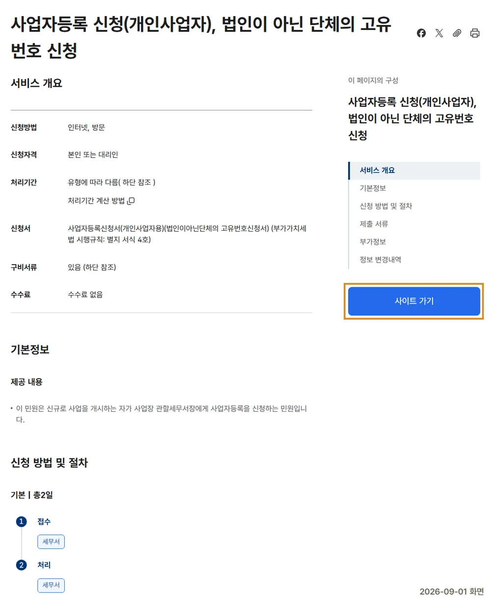정부24 사업자등록 신청 화면. 수수료 없음, 기본 2일, 접수와 처리가 세무서로 적혀 있다