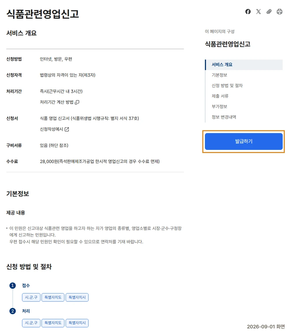 정부24 식품관련영업신고 화면. 수수료 28,000원, 접수·처리 기관이 시군구로 적혀 있다