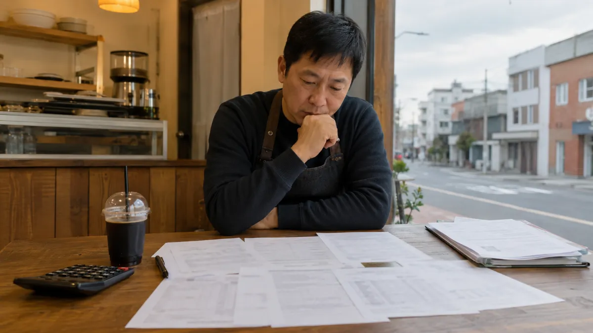 가게 테이블에 서로 다른 견적서 여러 장이 펼쳐져 있고 사장님이 그것을 내려다보고 있다